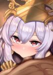  1boy 1girl bangs bare_shoulders blush clothed_female_nude_male ebon eyebrows_visible_through_hair fellatio from_above gauntlets granblue_fantasy grey_hair helmet hetero highres long_hair looking_at_viewer medusa_(shingeki_no_bahamut) nude oral penis pointy_ears pov red_eyes shingeki_no_bahamut solo_focus 