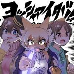  3girls animal_costume animal_ears black_jacket blonde_hair choker coyote_(kemono_friends) coyote_ears coyote_girl coyote_tail gloves go!_go!_nippon! highres jacket kemono_friends kemono_friends_v_project looking_at_viewer mcgunngu microphone misaki_akira misaki_makoto_(go!_go!_nippon!) multicolored_hair multiple_girls open_clothes open_jacket parody phasmophobia short_hair tail virtual_youtuber 