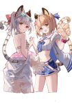  2girls absurdres animal_ears animal_hands bai_(granblue_fantasy) bangs bikini blonde_hair blue_shorts breasts cidala_(granblue_fantasy) closed_mouth cosplay crop_top cropped_legs eyewear_on_head gloves granblue_fantasy grey_hair highres holding_hands huang_(granblue_fantasy) jacket looking_at_viewer midriff multiple_girls navel open_mouth paw_gloves sailor_collar shiro_wa_(shiroshironix) shirt short_hair shorts single_glove sleeveless sleeveless_shirt small_breasts smile star-shaped_eyewear sunglasses swimsuit tail tiger_ears tiger_paws tiger_tail twintails vajra_(granblue_fantasy) vajra_(granblue_fantasy)_(cosplay) vikala_(granblue_fantasy) vikala_(granblue_fantasy)_(cosplay) white_jacket white_shirt yellow_eyes 