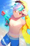  1boy absurdres beach blue_shorts blue_sky child commentary_request cowboy_shot day dcusa hand_on_headwear hat highres holding holding_toy male_child male_focus muscular muscular_child navel ocean original outdoors pectorals red_eyes shorts sky solo sun_hat tan tanlines topless_male toy water_gun 