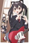  5girls =_= akiyama_mio animal_ears black_hair blonde_hair blue_eyes brown_eyes brown_hair cat_ears commentary_request electric_guitar eyebrows_visible_through_hair fake_animal_ears fender_mustang finger_frame guitar hair_ornament hairclip heart heart_hands highres hirasawa_yui indoors instrument k-on! kneeling kotobuki_tsumugi long_hair miniskirt multiple_girls nakano_azusa peeking peeking_out pleated_skirt revision sakuragaoka_high_school_uniform school school_uniform shoes skirt squatting tainaka_ritsu thick_eyebrows twintails uwabaki yukie_(kusaka_shi) 