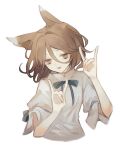  1girl animal_ears bangs blurry brown_eyes brown_hair cropped_torso depth_of_field fox_ears hair_between_eyes highres index_finger_raised kudamaki_tsukasa neck_ribbon open_mouth ribbon shirt short_sleeves simple_background solo touhou upper_body white_background wiriam07 