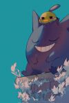  alternate_color alternate_shiny_pokemon bird black_eyes blue_background chimney closed_eyes commentary_request gengar grin happy highres ivy looking_at_viewer natu no_humans on_head pokemon pokemon_(creature) pokemon_on_head simple_background sitting sleeping smile teeth u_u wulie_errr 