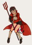  1boy baisha bishounen black_gloves brian_pasternack brown_hair coat cosplay demon_boy demon_horns demon_tail full_body garter_straps glasses gloves holding horns male_focus polearm red_coat scared short_hair shorts socks solo tail thighs trident weapon yuppie_psycho 