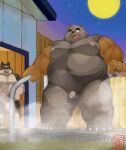 2022 anthro belly big_belly black_nose canid canine canis detailed_background domestic_dog duo flaccid genitals hi_res humanoid_genitalia humanoid_hands humanoid_penis kemono male mammal moobs moon navel night nipples outside overweight overweight_male penis steam yuuh1212 