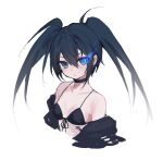  1girl bangs bare_shoulders bikini black_bikini black_choker black_hair black_rock_shooter black_rock_shooter_(character) blue_eyes breasts choker commentary_request cropped_torso front-tie_bikini front-tie_top hair_between_eyes kitere long_hair off_shoulder simple_background small_breasts solo swimsuit twintails upper_body white_background 