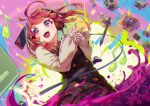  +_+ 1girl antenna_hair bangs beamed_eighth_notes blue_nails blush brown_hair brown_shirt cable chromatic_aberration controller dress dualshock eighth_note eva_mashiro explosion floating_hair food-themed_hair_ornament game_controller gamepad hair_ornament headphones highres long_hair long_sleeves manga_(object) musical_note nintendo_switch open_mouth original own_hands_together pinafore_dress playstation_controller puffy_long_sleeves puffy_sleeves purple_eyes shirt smile solo star_(symbol) strawberry_hair_ornament stylus teeth tongue upper_body upper_teeth 