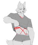  2022 anthro bdsm blush bondage bottomwear bound canid canine canis clothing hi_res jrjresq male mammal muscular muscular_anthro muscular_male nintendo red_rope restraints rope rope_bondage rope_harness shirt shirt_up shorts simple_background sketch solo star_fox t-shirt topwear video_games wolf wolf_o&#039;donnell 