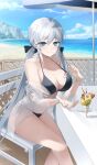  1girl arm_support bangs beach beach_umbrella bikini black_bikini black_bow blue_eyes blue_sky blurry bow breasts chair cleavage depth_of_field dorook eyebrows_visible_through_hair fate/grand_order fate_(series) feet_out_of_frame food fruit grey_hair hair_between_eyes hair_ribbon halterneck highres holding ice_cream large_breasts looking_at_viewer mole mole_on_breast mole_under_eye morgan_le_fay_(fate) ocean off_shoulder outdoors outstretched_arm revision ribbon sand see-through see-through_shirt sidelocks sitting sky smile solo spoon strawberry string_bikini swimsuit table twintails umbrella 
