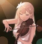  1girl absurdres bangs bare_arms bare_shoulders black_background blonde_hair blue_eyes braid dress eyebrows_visible_through_hair hair_ornament highres instrument long_hair lost_ark music ninav_(lost_ark) playing_instrument smile solo talnory upper_body violin white_dress 