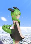  absurd_res black_clothing black_dress blush clothed clothing cloudscape digital_drawing_(artwork) digital_media_(artwork) dragon dress female field flower green_hair hair hi_res horn humanoid humanoid_pointy_ears libelle_dragon nk22xxx plant sky solo summer_dress tail young 