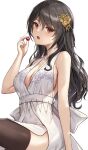  1girl :o bangs bare_arms bare_shoulders black_legwear blush breasts cleavage dress eyebrows_visible_through_hair hair_ornament highres large_breasts long_hair looking_at_viewer lunacle open_mouth original red_eyes simple_background solo thighhighs white_background white_dress 