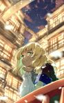  1girl arm_warmers bangs blonde_hair blue_sky blurry blurry_background bridge brown_shirt closed_mouth cloud cloudy_sky commentary_request eyebrows_visible_through_hair green_eyes grey_scarf hand_on_own_face hand_up house light looking_at_viewer looking_down mizuhashi_parsee pisces_2355 pointy_ears purple_sky scarf shadow shirt short_hair short_sleeves sky snowing solo standing t-shirt teeth touhou window 