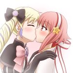  2girls amezuku blonde_hair bow elise_(fire_emblem) fire_emblem fire_emblem_fates gloves hair_bow hairband japanese_clothes kiss long_hair multiple_girls pink_hair red_eyes red_hair sakura_(fire_emblem) short_hair twintails yuri 