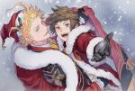  2boys bangs black_gloves blonde_hair blue_eyes bpadult brown_eyes brown_hair cape fur-trimmed_cape fur-trimmed_gloves fur-trimmed_jacket fur_trim gloves gran_(granblue_fantasy) gran_(holly_jolly)_(granblue_fantasy) granblue_fantasy highres jacket looking_at_viewer male_focus multiple_boys official_alternate_costume open_mouth outdoors red_cape red_jacket seofon_(granblue_fantasy) seofon_(perfect_santa_suit)_(granblue_fantasy) shared_cape shared_clothes short_hair smile snowing winter 