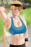  1girl arm_behind_head arm_up armpits bangs black_headwear black_pants blonde_hair blue_sports_bra blurry blurry_background blush breasts breath cleavage crossed_bangs exercise grass hair_between_eyes highres holding holding_towel large_breasts long_hair looking_to_the_side midriff nakiri_erina navel outdoors pants ponytail purple_eyes rinrin_(user_tvcf4347) shokugeki_no_souma skindentation solo sports_bra steaming_body stomach sweat towel tree upper_body visor_cap wiping_sweat wristband 