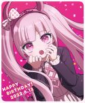  1girl :o artist_name bangs black_jacket blush border bow collared_shirt danganronpa_(series) danganronpa_another_episode:_ultra_despair_girls dated fake_horns hairband happy_birthday horns jacket long_hair looking_at_viewer mikao_(eanv5385) open_clothes open_jacket open_mouth pink_background pink_hair pink_hairband polka_dot polka_dot_bow shirt solo teeth twintails upper_teeth utsugi_kotoko white_border white_shirt 