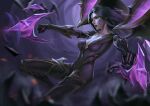  1girl absurdres bangs black_gloves black_hair blurry bodysuit breasts creature crystal facial_mark gloves highres kai&#039;sa kong_de_ji league_of_legends long_hair long_sleeves open_mouth parted_bangs red_lips shiny shiny_hair teeth upper_teeth voidling wings 