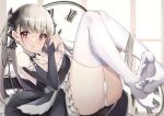  1girl :o absurdres azur_lane bangs black_bow black_dress black_ribbon blush bow breasts cleavage dial dress eyebrows_visible_through_hair feet formidable_(azur_lane) full_body grey_hair hair_bow hair_ribbon highres large_breasts legs legs_up long_hair looking_at_viewer lying on_back open_mouth panties pantyshot purple_eyes ribbon sideboob simple_background soles solo thighhighs thighs toes twintails underwear white_legwear white_panties yanwulazy 