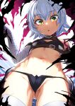  1girl absurdres ass_visible_through_thighs bandaged_arm bandages bare_shoulders black_legwear black_panties black_vest breasts cropped_vest crotch fate/apocrypha fate_(series) green_eyes hair_between_eyes highres jack_the_ripper_(fate/apocrypha) looking_at_viewer mightyjump98 navel open_mouth panties scar scar_across_eye scar_on_cheek scar_on_face short_hair shoulder_tattoo small_breasts solo tattoo thighhighs thighs underwear vest white_hair 