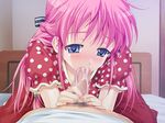  1girl blue_eyes braid censored cum cum_in_mouth fellatio game_cg half_updo happoubi_jin hetero kanojo_x_kanojo_x_kanojo lying mosaic_censoring on_back oral orifushi_akina pajamas penis pink_hair pov shiki_haruomi straddling tongue 