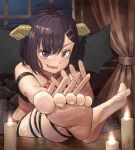  1girl :d bare_shoulders barefoot black_skirt blush candle crop_top crossed_ankles demon_girl demon_horns demon_wings fangs feet feet_on_table gabriel_dropout hair_between_eyes hair_ornament hairclip hallelujah_essaim hanbenp horns indoors looking_at_viewer medium_hair naughty_face night night_sky no_shoes open_mouth purple_eyes purple_hair skindentation skirt sky smile solo tsukinose_vignette_april wings x_hair_ornament 