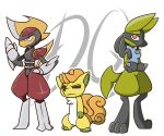  2019 anthro bisharp blades chest_spike deadxqueen eyelashes frown fur glaring group invalid_tag lash looking_at_viewer looking_up lucario multi_tail nintendo not_furry pok&eacute;mon pok&eacute;mon_(species) pose shiny_pok&eacute;mon team_pose video_games vulpix yellow_fur 