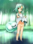  animal_ears bad_id bad_pixiv_id blue_hair carbuncle_(final_fantasy) dress dress_lift facial_mark final_fantasy forehead_mark forest highres long_hair nature no_panties pen_(pen3) personification red_eyes solo tail water 