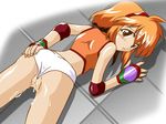  andou_minawa artist_request ass blush brown_hair fingerless_gloves gloves hairband lying mahoromatic orange_hair panties pussy pussy_juice solo tears underwear wedgie white_panties 