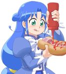  1girl blue_hair erection fushigiboshi_no_futago_hime green_eyes hetero hot_dog ketchup long_hair penis penis_hot_dog rein ribbon tongue uncensored youkan 