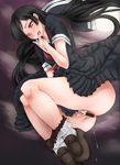  bad_id bad_pixiv_id black_hair blush censored kaibutsu_oujo kamura_reiri long_hair masturbation pubic_hair pussy_juice red_eyes scharfschutze school_uniform shoes solo 