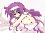  bed blue_eyes blush breasts frapowa large_breasts long_hair lyrical_nanoha mahou_shoujo_lyrical_nanoha nipples pillow purple_hair solo tsukimura_suzuka 