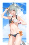  1girl beach bikini black_bikini bow bowl breasts chopsticks cowboy_shot food green_hair hair_bow highres kantai_collection medium_breasts nagisa_nagi navel open_mouth orange_eyes ponytail ribbon smile solo stomach swimsuit tempura white_ribbon yuubari_(kancolle) 