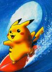  1998 ambiguous_gender beady_eyes black_body brown_body feral happy ken_sugimori looking_at_viewer nintendo open_mouth pikachu pok&eacute;mon pok&eacute;mon_(species) red_cheeks solo surfboard surfing surfing_pikachu video_games water wave yellow_body 