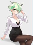  1girl absurdres arm_up bangs bra braid branch breasts ceres_fauna cleavage green_hair hair_bun highres hololive hololive_english horns large_breasts leaf looking_at_viewer magui3 mole office_lady open_clothes open_shirt pantyhose shirt skirt underwear yellow_eyes 