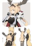  2girls animal_ear_fluff animal_ears arknights armor black_sweater blonde_hair book cloak closed_eyes commentary_request deer_antlers deer_ears deer_girl deer_tail from_behind gauntlets grey_background grey_eyes hands_on_another&#039;s_shoulders high_ponytail highres holding holding_book horse_ears horse_tail kumamoto_aichi long_hair looking_at_another low_ponytail multicolored_cloak multiple_girls multiple_views nearl_(arknights) nearl_the_radiant_knight_(arknights) open_mouth orange_eyes ponytail red_cloak sweater tail translation_request turtleneck two-tone_background two-tone_cloak very_long_hair viviana_(arknights) white_background white_cloak 