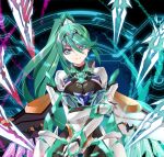  1girl armor bangs breasts chest_jewel earrings gem gloves greek_text green_eyes green_hair headpiece highres jewelry large_breasts long_hair pneuma_(xenoblade) ponytail raynartfr solo swept_bangs tiara very_long_hair xenoblade_chronicles_(series) xenoblade_chronicles_2 