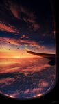  absurdres aircraft airplane airplane_wing bird chinese_commentary city city_lights cloud evening highres horizon no_humans original scenery sky skyrick9413 star_(sky) sunset window 