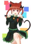  1girl :d absurdres animal_ears bangs bell blunt_bangs blush bow braid cat_ears cat_tail dress extra_ears eyebrows_visible_through_hair fang foot_out_of_frame frills green_dress hair_bow heart heart_tail highres kaenbyou_rin knee_up long_sleeves looking_at_viewer multiple_tails nekomata open_mouth paw_pose red_eyes red_hair simple_background siraele smile solo tail touhou twin_braids two_tails white_background 