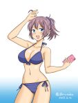  1girl aoba_(kancolle) bikini blue_bikini blue_eyes blue_scrunchie breasts cellphone cleavage commentary_request cowboy_shot dated front-tie_top geru gradient gradient_background hair_ornament hair_scrunchie kantai_collection large_breasts looking_at_viewer one-hour_drawing_challenge open_mouth phone ponytail purple_hair scrunchie side-tie_bikini smile solo swimsuit twitter_username 