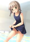  1girl :d bangs bare_arms bare_shoulders blue_swimsuit blurry blurry_background braid breasts brown_hair collarbone commentary_request commission depth_of_field eyebrows_visible_through_hair feet_out_of_frame green_eyes hair_over_shoulder highres indoors long_hair low_twintails one-piece_swimsuit original pool school_swimsuit shibacha skeb_commission small_breasts smile solo swimsuit twin_braids twintails water 