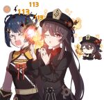  2girls artist_request black_nails blue_hair brown_hair chinese_clothes closed_eyes coat eyebrows_visible_through_hair flower genshin_impact hair_ornament hat hayarob highres hu_tao_(genshin_impact) jewelry multiple_girls one_eye_closed open_mouth plum_blossoms porkpie_hat red_eyes reference_inset ring source_request star-shaped_pupils star_(symbol) symbol-shaped_pupils white_background xiangling_(genshin_impact) 