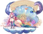  1girl absurdres animal_ears beads blue_eyes breasts clownfish detached_sleeves fake_animal_ears fish high_heels highres large_breasts last_origin long_hair looking_at_viewer luvents3 lying official_art on_side pasties pink_hair scarabya_(last_origin) slingshot_swimsuit swimsuit thighhighs very_long_hair 