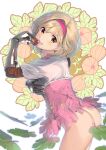  1girl :d adapted_costume ass blonde_hair bottomless breasts brown_eyes covering covering_one_breast djeeta_(granblue_fantasy) from_side gauntlets granblue_fantasy hair_intakes hairband head_tilt highres looking_at_viewer looking_back medium_breasts medium_hair naruse_hirofumi open_mouth red_hairband shiny shiny_hair shirt smile solo white_shirt 