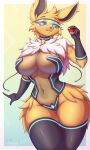  2022 3:5 anthro big_breasts breasts colored complextree digital_media_(artwork) eeveelution english_text eyewear female fur hi_res holding_object holding_pok&eacute;ball jolteon nintendo pok&eacute;ball pok&eacute;mon pok&eacute;mon_(species) solo standard_pok&eacute;ball text thick_thighs video_games yellow_body yellow_fur 