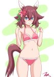  1girl animal_ears artist_name ass_visible_through_thighs bikini blue_eyes breasts covered_navel cowboy_shot flipped_hair hair_ornament highres horse_ears horse_girl horse_tail pink_bikini pink_hair sakura_chiyono_o_(umamusume) short_hair small_breasts solo standing swimsuit t2r tail umamusume white_background 