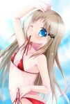  1girl bat_hair_ornament bikini blonde_hair blue_eyes chibinon commentary_request cowboy_shot flat_chest hair_ornament highres little_busters! long_hair looking_at_viewer mouth_hold noumi_kudryavka one_eye_closed red_bikini side-tie_bikini solo string_bikini swimsuit 