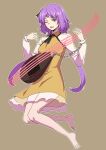  1girl barefoot biwa_lute brown_background chain dress eyebrows_visible_through_hair flower full_body hair_flower hair_ornament highres holding holding_instrument instrument kakone long_hair long_sleeves looking_at_viewer lute_(instrument) one-hour_drawing_challenge one_eye_closed open_mouth purple_eyes purple_hair simple_background solo touhou tsukumo_benben yellow_dress 