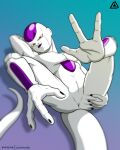  2022 absurd_res alien animal_genitalia anthro anus digital_media_(artwork) dragon_ball dragon_ball_z feet foot_fetish foot_focus frieza frieza_race genital_slit genitals hi_res humanoid looking_at_viewer male not_furry nude prehensile_feet prismanoodle_(artist) red_eyes simple_background slit smile solo 