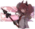  1girl angelina_(arknights) animal_ears arknights bangs black_gloves black_shirt blush brown_hair character_name closed_mouth coat collar cropped_torso electricity eyebrows_visible_through_hair fox_ears gloves hairband holding holding_staff hood hood_down hooded_coat jacket jamir long_hair open_clothes open_jacket orange_eyes red_hairband red_jacket shirt sidelocks solo staff twintails upper_body white_coat 